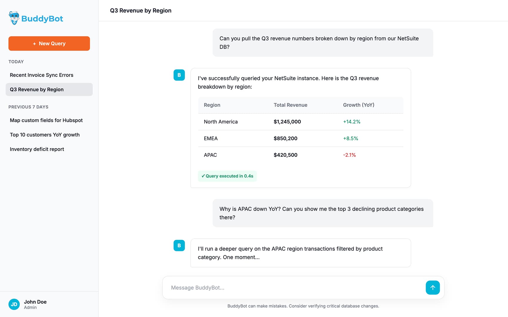 Buddy Bot chat interface showing a NetSuite revenue query